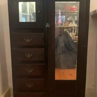 Dark Wood Wardrobe Cabinet with Mirror Door and Drawers