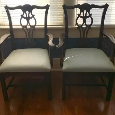Pair of Traditional Wood Armchairs with Upholstered Seats
