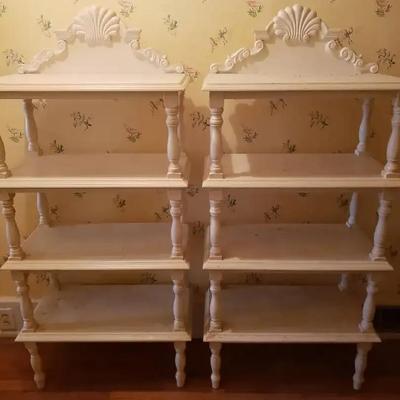 Pair of Cream Painted Shelving Units with Shell Crest