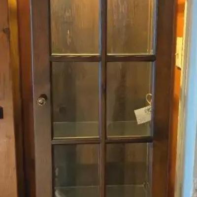 Tall Narrow Pine Curio Cabinet with Glass Shelves & Light