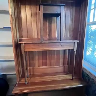 Wooden Shelving Unit with Two End Tables, featuring Paneled Back and Tiered Storage