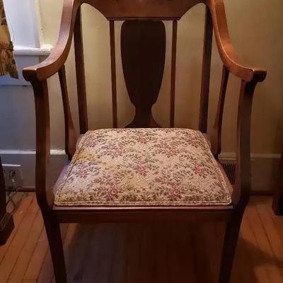 Vintage Wood Armchair with Floral Upholstered Seat