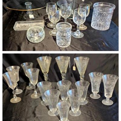 Collection of 15 Etched Crystal Glasses in Six Sizes