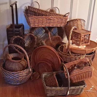 Large Collection of Wicker Baskets in Varied Shapes and Sizes