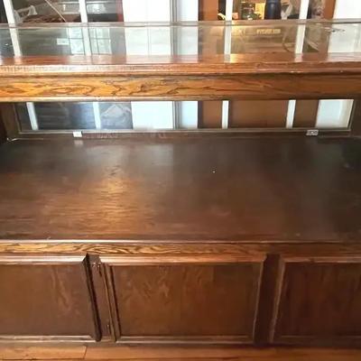 Antique Oak Store Display Cabinet with Glass Top & Three-Door Storage