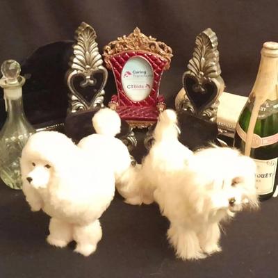Decorative Cut Glass Decanter, Faux Champagne Bottle, Puppy Figurines & Boudoir-Style Chaise Lounges