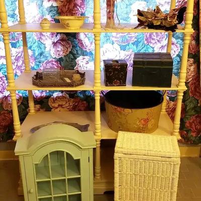 Bathroom Décor Collection with Teal Cabinet and Wicker Hamper