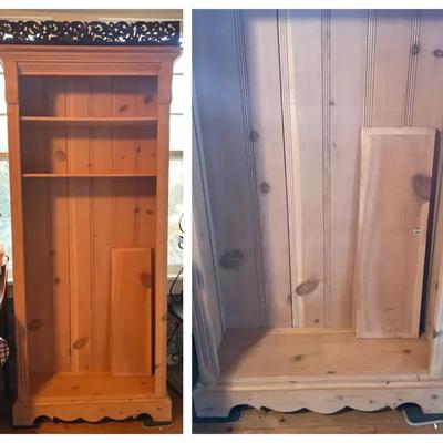 Pair of Light Wash Wooden Shelving Units with Decorative Top Accents