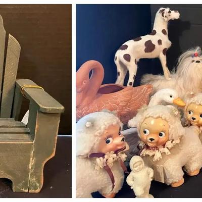Assortment of Animal Figurines & Miniature Adirondack-Style Bench