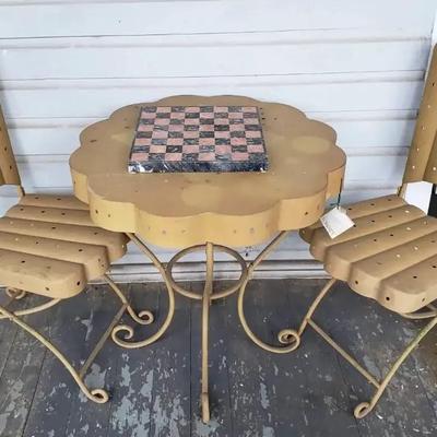 Scalloped Metal Bistro Table with Stone Chessboard Top and Matching Chairs