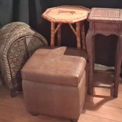 Bamboo Accent Side Table with Cheetah Motif, featuring Ottoman, Wicker Side Table & Storage Chest