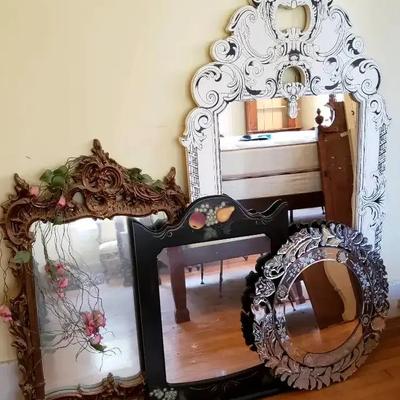Four Ornate Decorative Mirrors with Arched, Rectangular, and Round Frames
