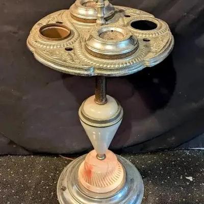 Vintage Lighted Smoking Stand with Marbled Glass Accents