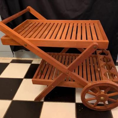 Teak Wood Rolling Tea Cart with Slatted Shelves & Wheels