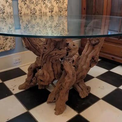 Natural Cypress Wood Root Table Base with Round Glass Top