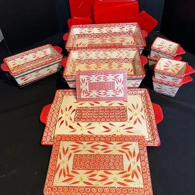 Temptations Red & Cream Patterned Casserole Dishes and Cutting Board Collection