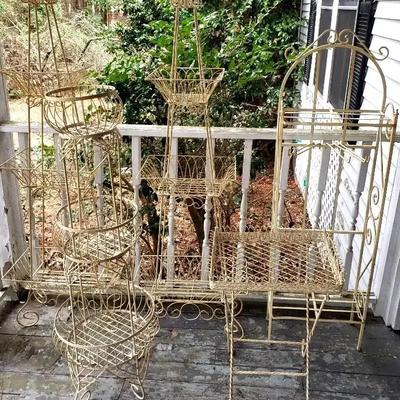 Five White Wrought Iron Garden and Plant Stands with Scrolled Details