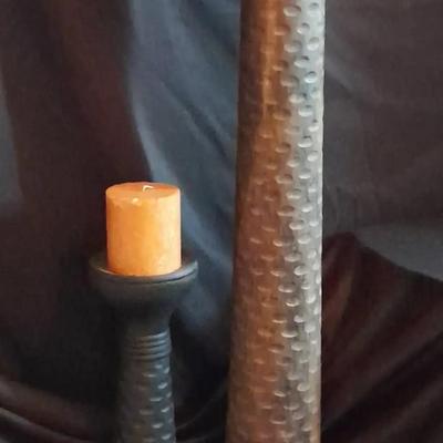Tall Hammered Metal Floor Candle Holders with Decorative Base