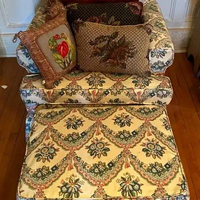 Floral Upholstered Chair with Matching Ottoman and Seven Decorative Pillows