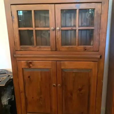 Pine Wood Hutch with Glass Doors & Shelving