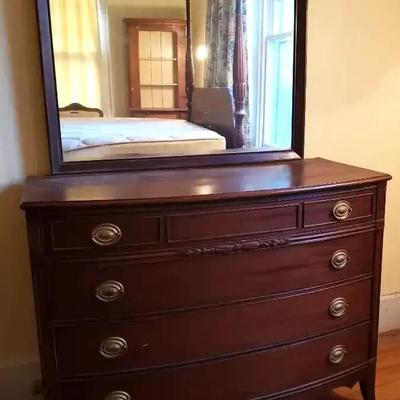 Mahogany Four-Drawer Dresser with Attached Framed Mirror