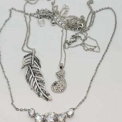 3pc Sparkly Rhinestone Necklace Feather Cat And Collar