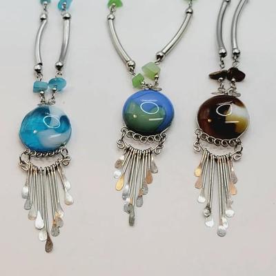 3pc Blue Green Brown Swirl Glass Boho Necklaces