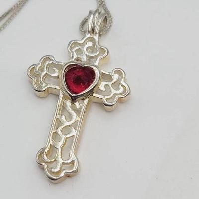 Sterling Red Stone Cross Pendant Necklace 925 Silver