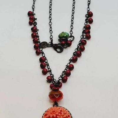 David Aubrey Chinoiserie Pink Red Green Necklace 