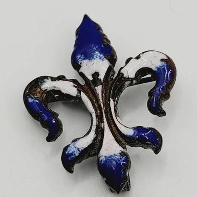 Late 1800s Fleur De Lis Blue White Enamel Pin