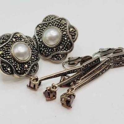 Sterling Clip Earrings Marcasite And Garnet 2 Pair 925 Silver