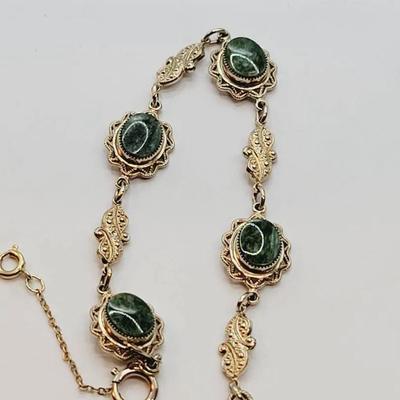 14k Gf Vintage Green Stone Filigree Bracelet 