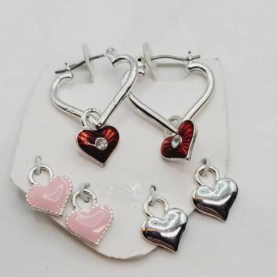 Pink Red Silver Heart Charm Earrings