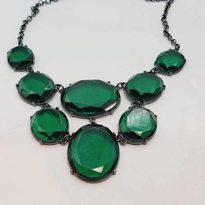 Dramatic Bib Necklace Clear Emerald Green