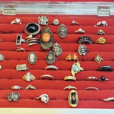 Tooled Metal Owl Ring Box Loaded With Costume Rings