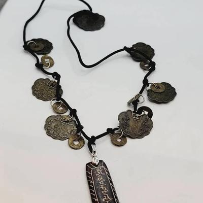 Tibetan Carved Yak Bone And Coin Necklace 