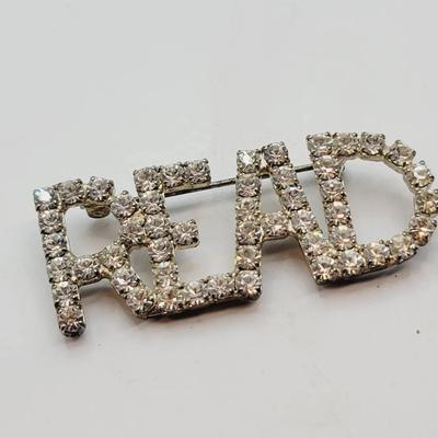 Vintage Rhinestone READ Pin Brooch 