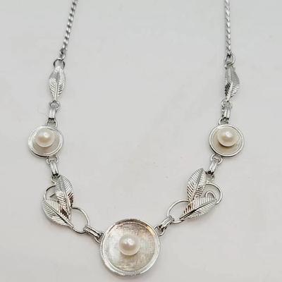 Van Dell Sterling Pearl Leaf Collar Necklace 925 Silver