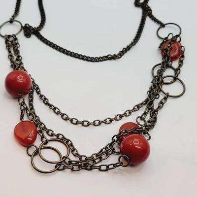 Dramatic Red Bib Necklace Antiqued Bronze Tone