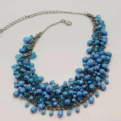 Blue Chacha Bead Bib Necklace Silver Tone