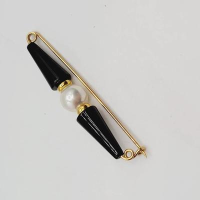 14k Vintage Pearl Onyx Yellow Gold Bar Pin 