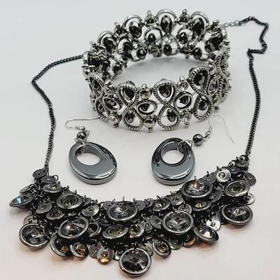 Hematite Rhinestone Faceted Bead Gothic Set 3pc Jewelry 