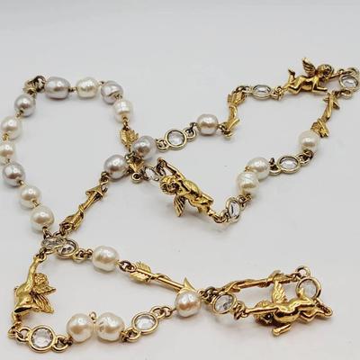 Cupid And Arrows Faux Pearl Crystal Necklace 