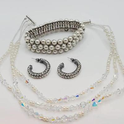 Faux And Real Pearl Rhinestone Necklace Earrings Bracelet 