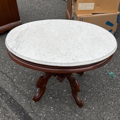 Antique Wooden Table With Marble Top Round