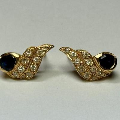 Sapphire and diamond 14k gold earrings, no marks found, tested 14k, 3.1g
