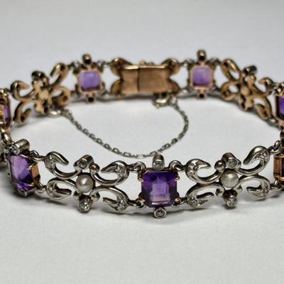 Antique 18k gold amethyst, diamond, and cultured pearl bracelet, box clasp with safety chain, no marks found, tested 18k, 20g