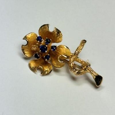 Vintage Dan Paglia 14k Gold and Sapphire Dogwood Pin, mark not found, tested 14k, 5.3g