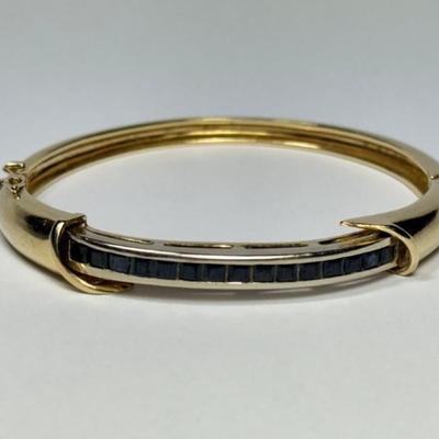 Vintage 14k Yelloe Gold Hinged Bangle with Channel set Princess Cut Sapphires, mark not found, tested 14k, 26.2g