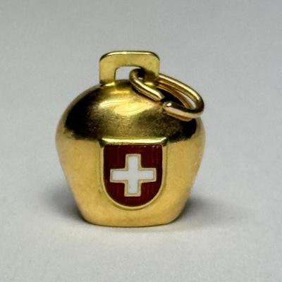 18k Souvenir Swiss Cowbell Charm, 2.5g
